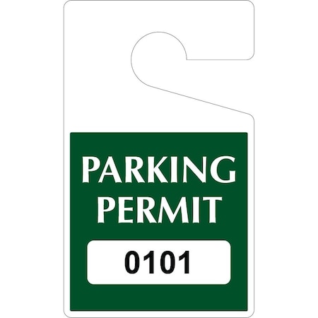 Lustre-Cal Heavy Duty Hanging Parking Permit Green 5in x 3in  55mil Plastic Serialized 101-150, 50PK 253323551G0101